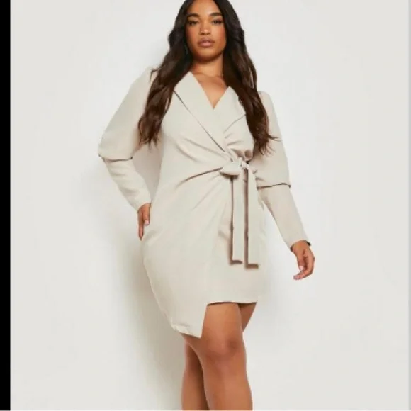 cream blazer dress women Long Sleeve One Button Blazer Pleated Dress